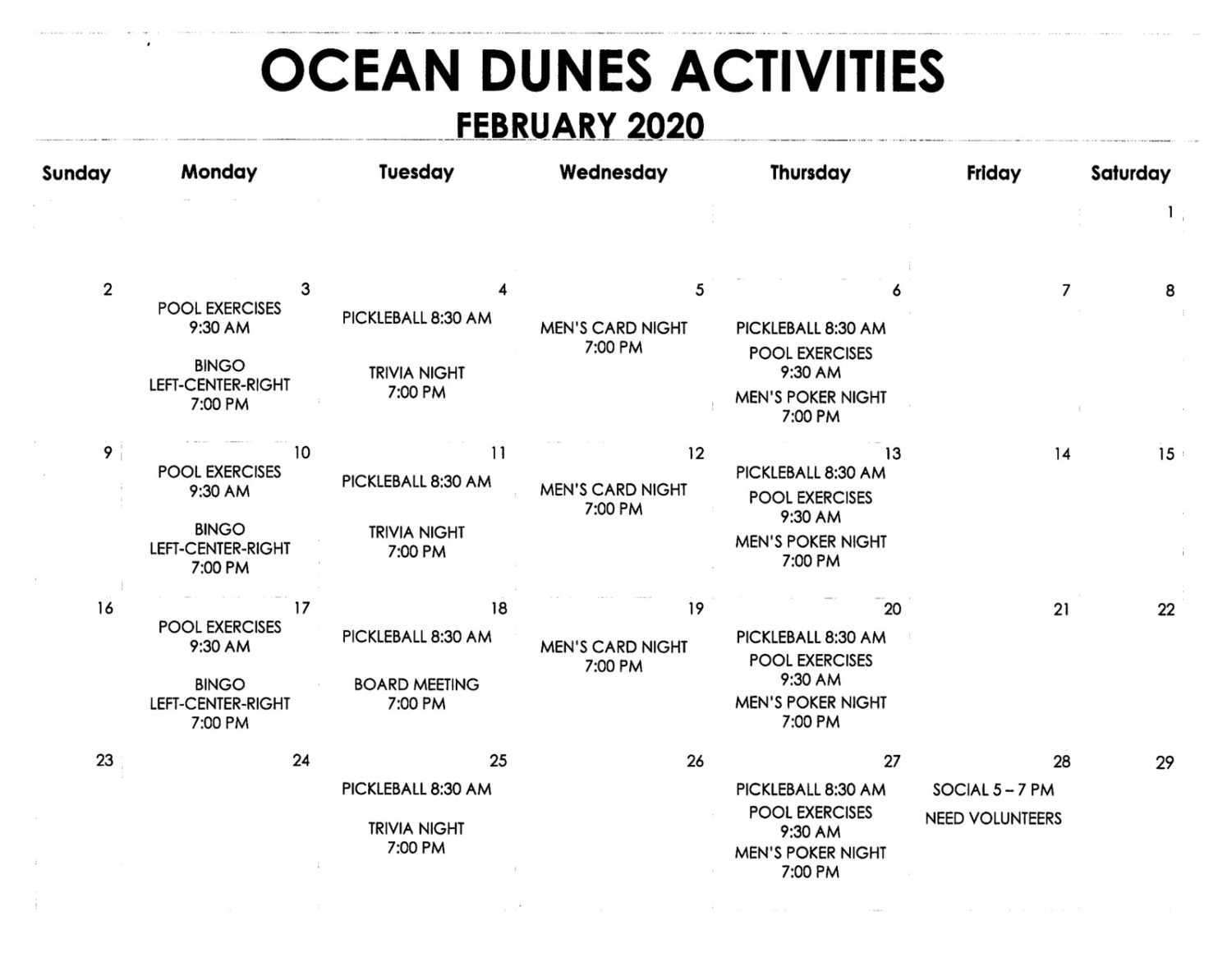 Activities Calendar Villas of Ocean Dunes Florida